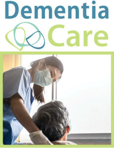 Dementia Care logo. Health care professional greeting a client
